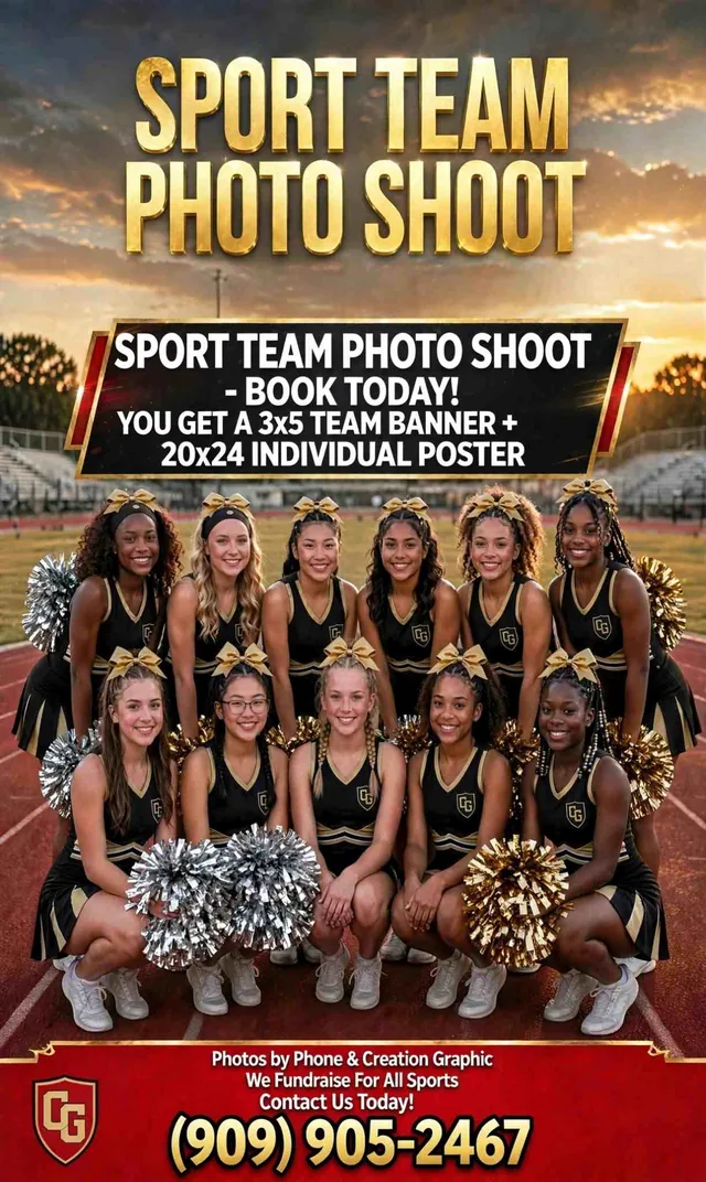 Sport Team Photo Shoot flyer: a cheer team in black and gold posed on a track at sunset, offering a 3×5 team banner plus a 20×24 individual poster