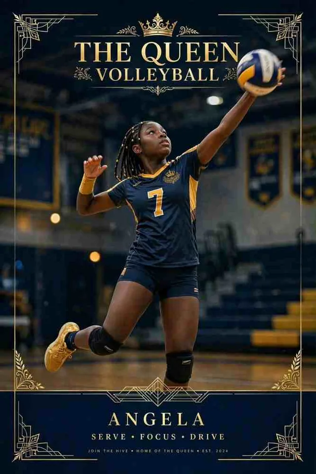 The Queen Volleyball custom sports poster: a volleyball player in a navy and gold #7 uniform reaching to serve, framed in gold art-deco borders with the name Angela